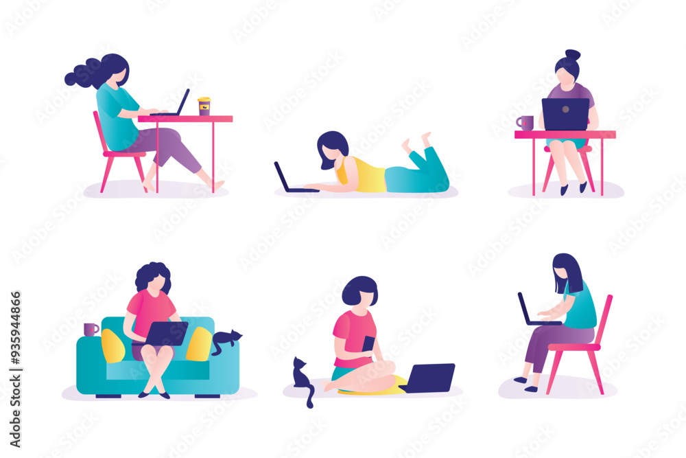 Set of female characters in various poses, working process in office or home workplace. Businesswoman working on computer or laptop. Freelancers remote homeworking occupation. Set of female characters in various poses, working process in office or home workplace. Businesswoman working on computer or laptop. Freelancers remote homeworking occupation.