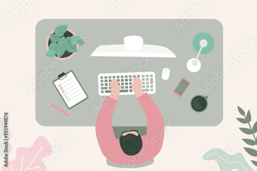 Businessman at workplace concept, top view. Employee or office clerk working at the table with computer and business documents. Male character sitting at office desk.