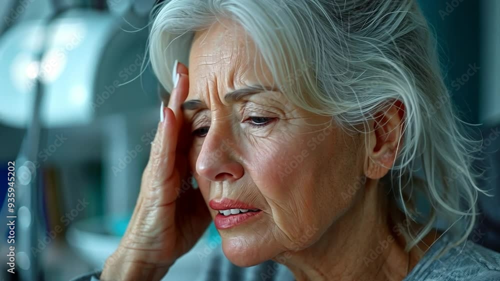 Anxious toothache pains afflict the elderly, grey-haired woman during her workday. Anxious toothache pains afflict the elderly, grey-haired woman during her workday.