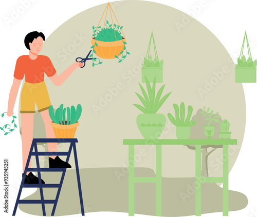 The boy is trimming the plants.