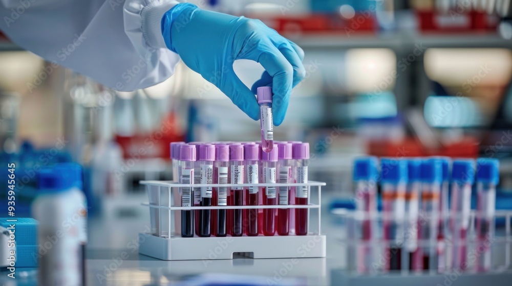 The gloved hands of a medical professional hold a medical tube for testing. Sorting blood sample tubes in the lab The gloved hands of a medical professional hold a medical tube for testing. Sorting blood sample tubes in the lab
