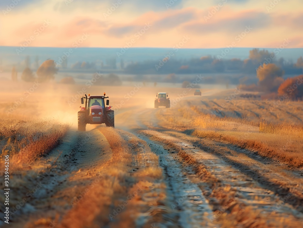 Fototapeta premium Tractors working on a sunlit rural road during harvest season in the countryside at dawn