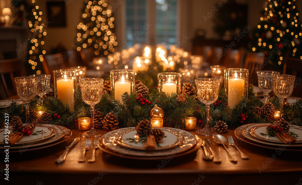 Elegant holiday dining table setting with candles and decorations. The beautifully arranged dining table features candles, pinecones, and festive decor Elegant holiday dining table setting with candles and decorations. The beautifully arranged dining table features candles, pinecones, and festive decor