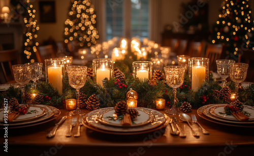 Elegant holiday dining table setting with candles and decorations. The beautifully arranged dining table features candles, pinecones, and festive decor