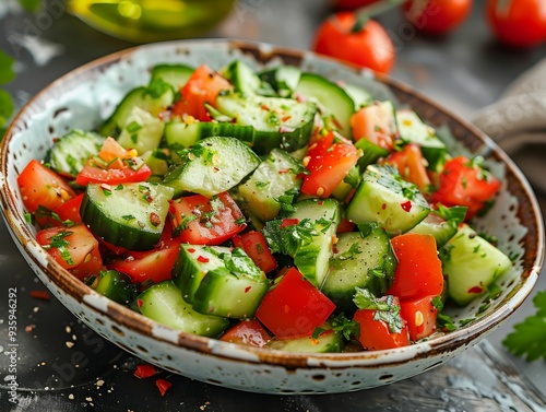 Fresh vegetable salad with cucumbers, tomatoes, and herbs served in a rustic bowl on a kitchen counter during daylight