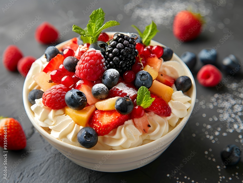 Fresh fruit salad with whipped cream served in a white bowl on a dark surface with scattered berries Fresh fruit salad with whipped cream served in a white bowl on a dark surface with scattered berries
