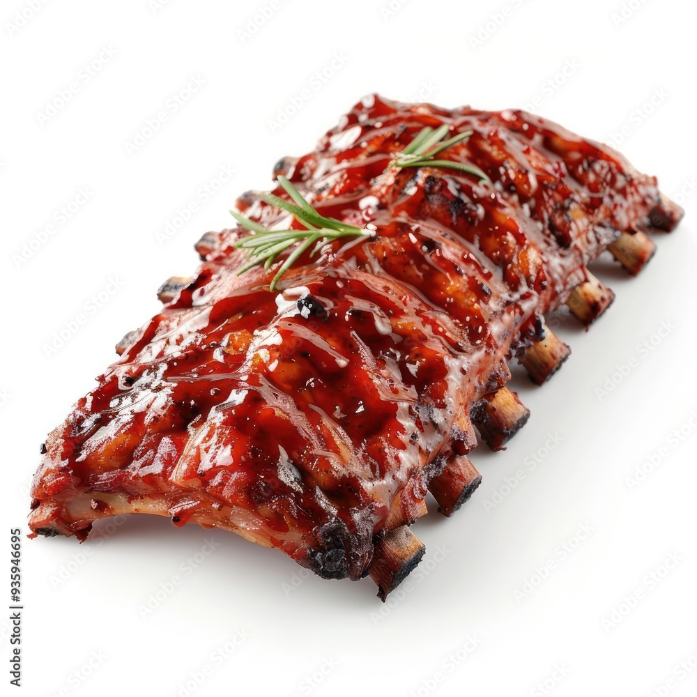A tantalizing rack of ribs, coated in tangy barbecue sauce and fresh herbs, A tantalizing rack of ribs, coated in tangy barbecue sauce and fresh herbs,