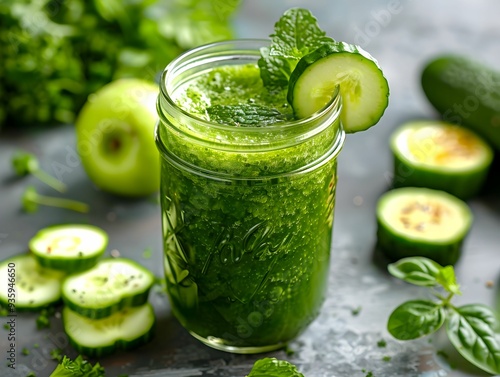 Fresh green juice made with cucumber, herbs, and fruits in a glass jar surrounded by cut vegetables and greens on a kitchen countertop