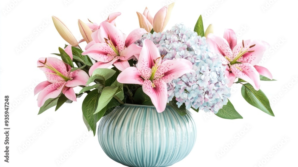 Pink Lilies and Blue Hydrangeas in a Vase Pink Lilies and Blue Hydrangeas in a Vase
