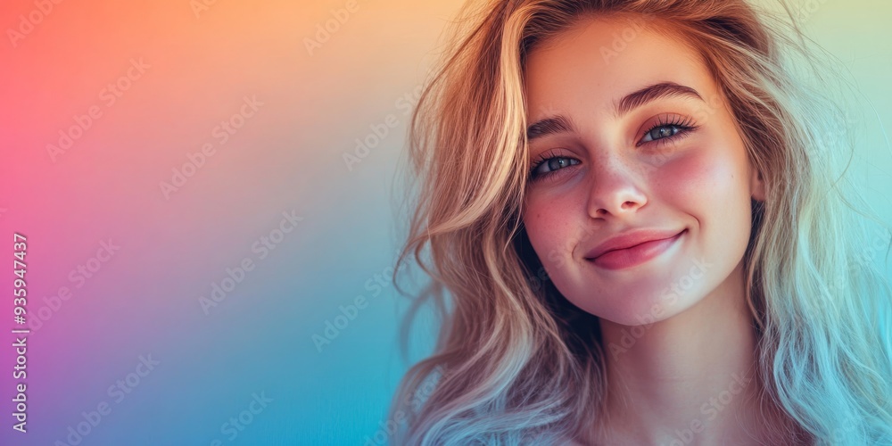 A young woman with long blonde hair smiles warmly against a colorful gradient background A young woman with long blonde hair smiles warmly against a colorful gradient background