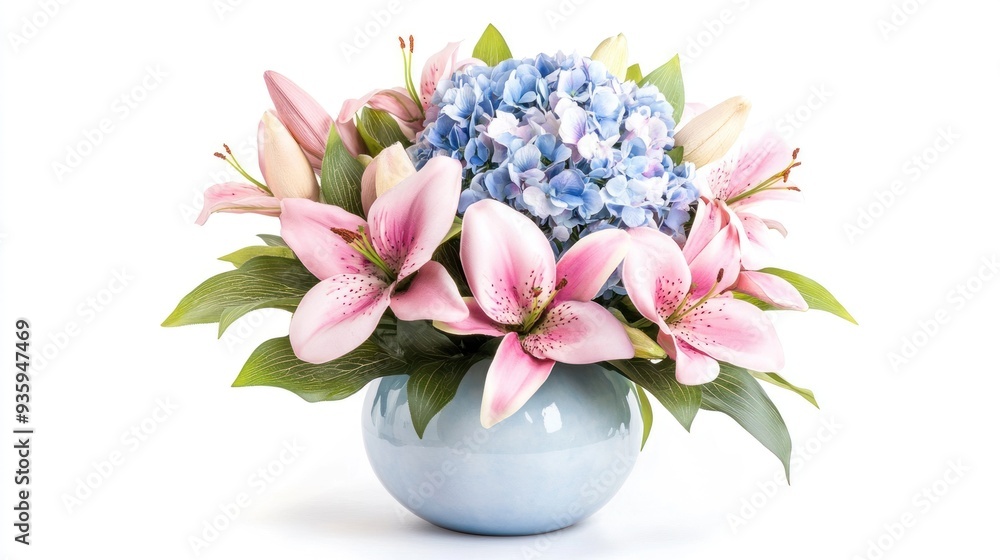 Obraz premium Elegant Bouquet of Pink Lilies and Blue Hydrangeas