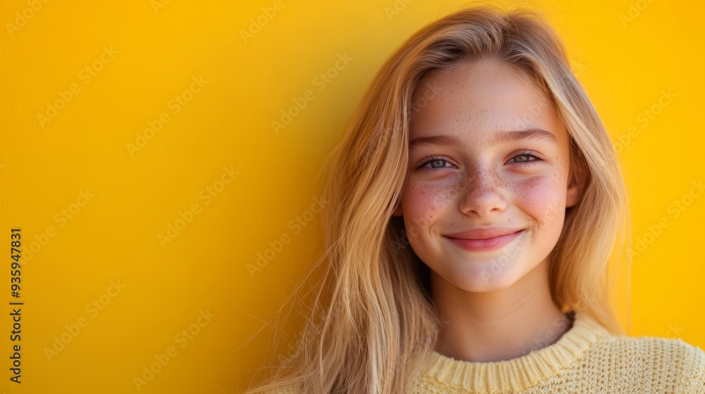 Happy young girl smiling against a bright yellow wall during daytime in a casual sweater Happy young girl smiling against a bright yellow wall during daytime in a casual sweater