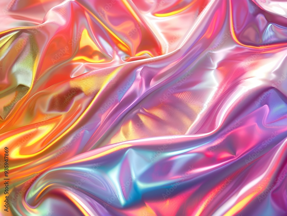 Colorful iridescent fabric draped elegantly, showcasing vibrant hues of pink, orange, and purple under soft lighting Colorful iridescent fabric draped elegantly, showcasing vibrant hues of pink, orange, and purple under soft lighting