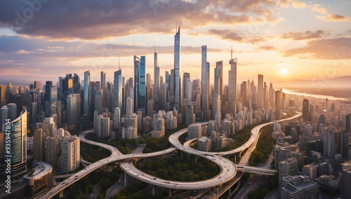 Aerial view of a sprawling cityscape at sunset with skyscrapers photo