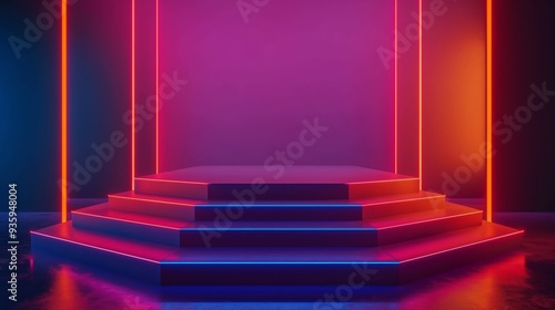 An empty podium with neon lights positioned at the edges, creating a bright and modern look