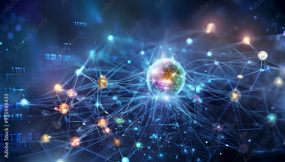 Obraz premium Machine learning, Central glowing core intelligence of the machine, Radiating out from sphere, , luminous threads connect to various nodes, representing different data points, algorithms, and patterns