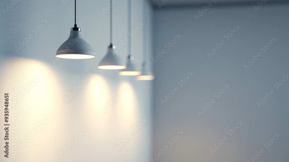 Four elegant pendant lights hang from the ceiling, casting warm light onto a simple, minimalistic wall. The atmosphere feels calm and inviting, perfect for a cozy setting Four elegant pendant lights hang from the ceiling, casting warm light onto a simple, minimalistic wall. The atmosphere feels calm and inviting, perfect for a cozy setting