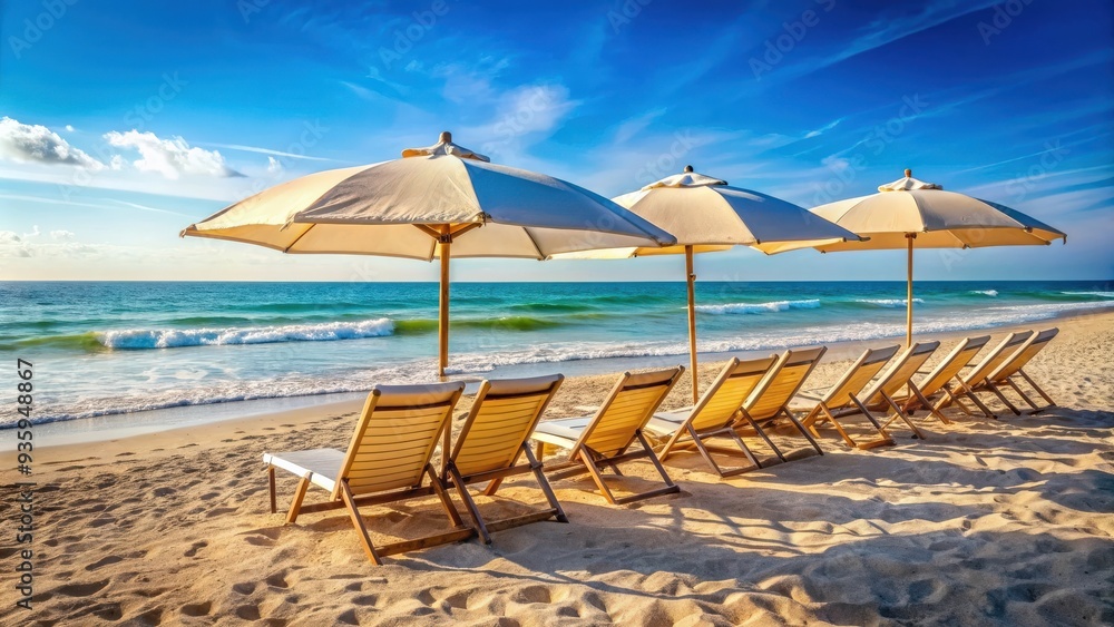 Fototapeta premium Beach chairs and umbrella on sandy beach overlooking ocean, beach, chairs, umbrella, sand, relaxation, vacation, tropical, paradise