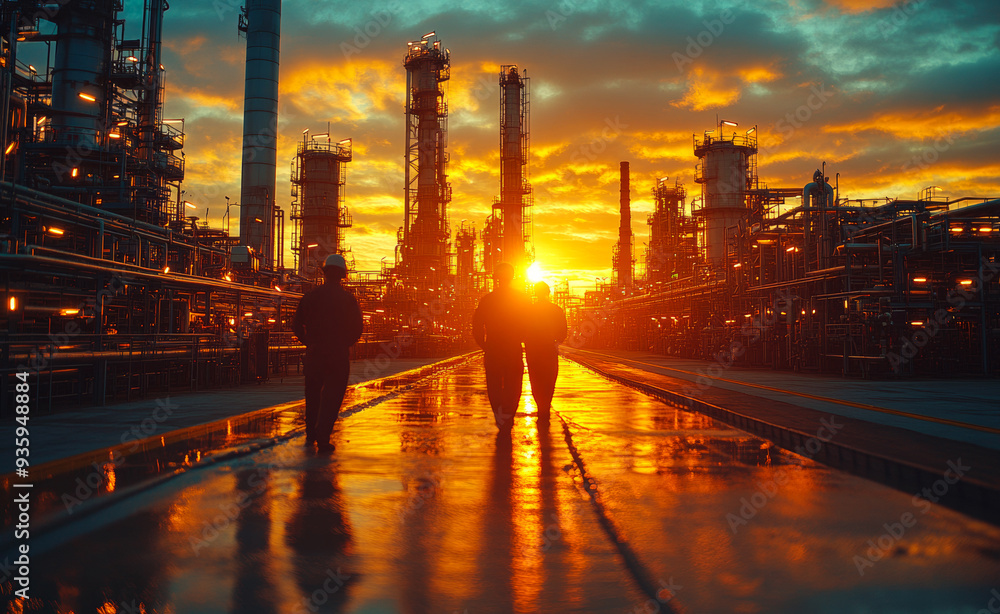 Workers walking towards sunset at an industrial facility. Three workers stroll along a reflective path at an industrial site during a colorful sunset, showcasing the beauty of industry. Workers walking towards sunset at an industrial facility. Three workers stroll along a reflective path at an industrial site during a colorful sunset, showcasing the beauty of industry.