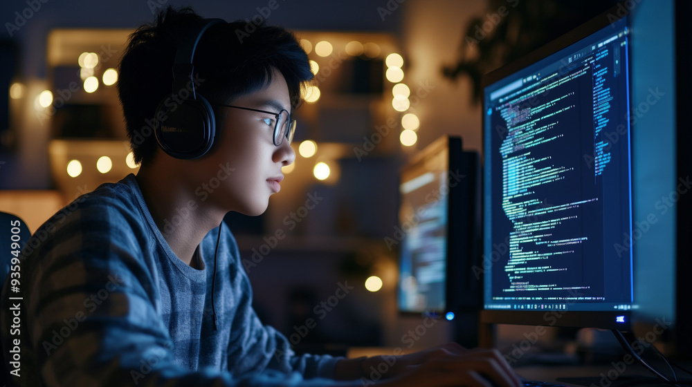 Asian kid boy using computer for gaming or coding seriously. Asian kid boy using computer for gaming or coding seriously.