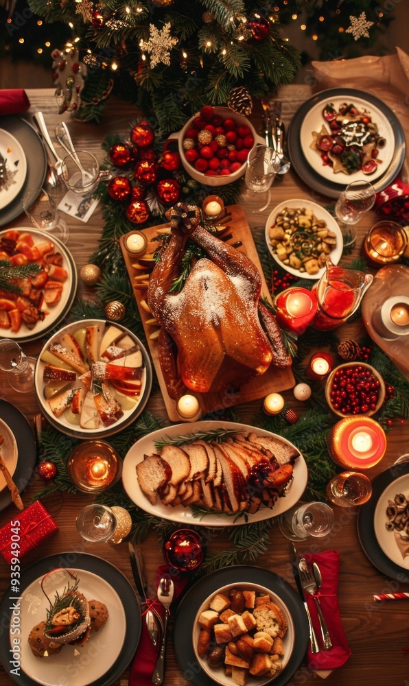 The table is filled with a magnificent spread for Christmas dinner, showcasing roasted turkey, assorted sides, and vibrant holiday decorations surrounded by candles The table is filled with a magnificent spread for Christmas dinner, showcasing roasted turkey, assorted sides, and vibrant holiday decorations surrounded by candles