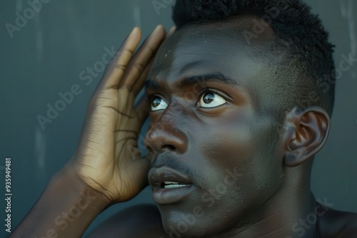 Man Listening: Portrait of African Man Reacting to Surprising News and Whispered Secrets