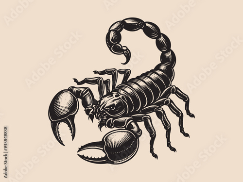 Scorpion. Black white vintage engraving vector illustration. Emblem, logo, print, icon