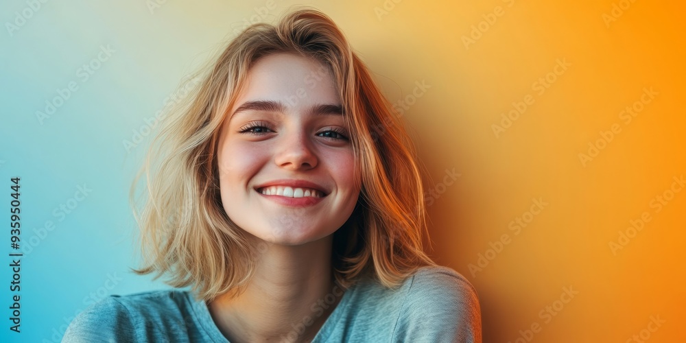 Fototapeta premium Young woman smiling brightly against a vibrant gradient background in a relaxed indoor setting