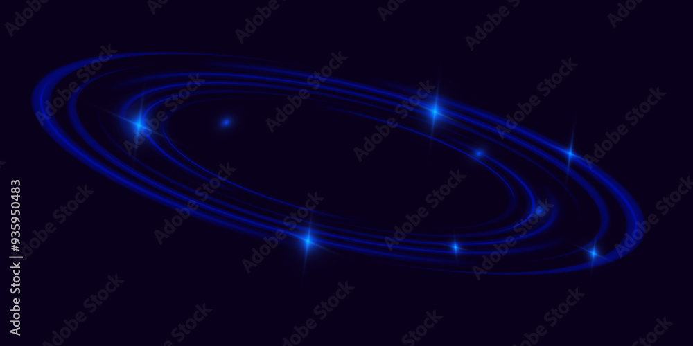 Rounded neon line with light effect. Energy flow tunnel. Blue portal, platform. Night road speed illustration. Rounded neon line with light effect. Energy flow tunnel. Blue portal, platform. Night road speed illustration.