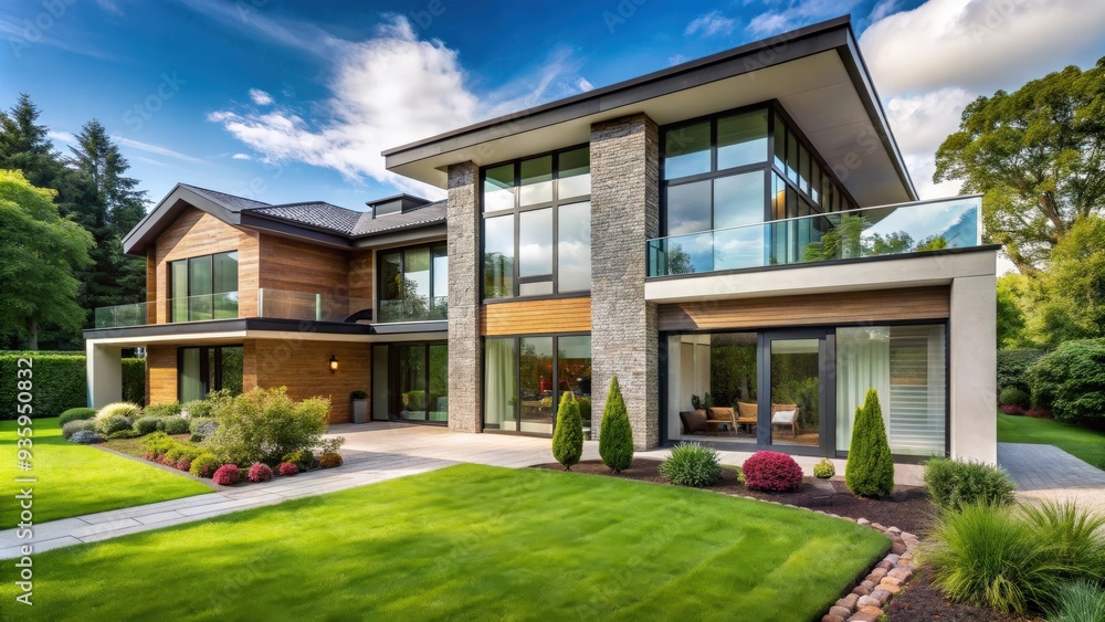 Beautiful modern house with large windows and green landscaping, home, architecture, residential, design Beautiful modern house with large windows and green landscaping, home, architecture, residential, design