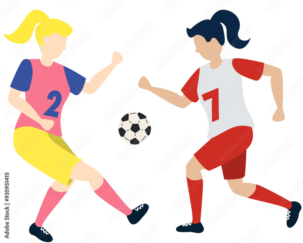 Soccer players kicking ball characters two girl, flat cartoon vector illustration isolated on white background. Soccer or football game players collection. Soccer players kicking ball characters two girl, flat cartoon vector illustration isolated on white background. Soccer or football game players collection.