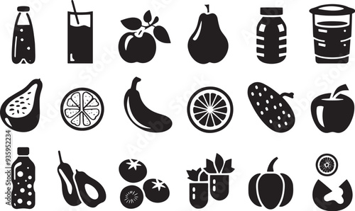 A simple vector icon set featuring a fruit and vegetable, hydration, protein intake, and healthy fats