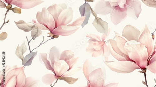 Seamless pattern with watercolor pink magnolia flowers and leaves on a white background, a hand drawn illustration in a pastel color palette with soft colors and a soft light.