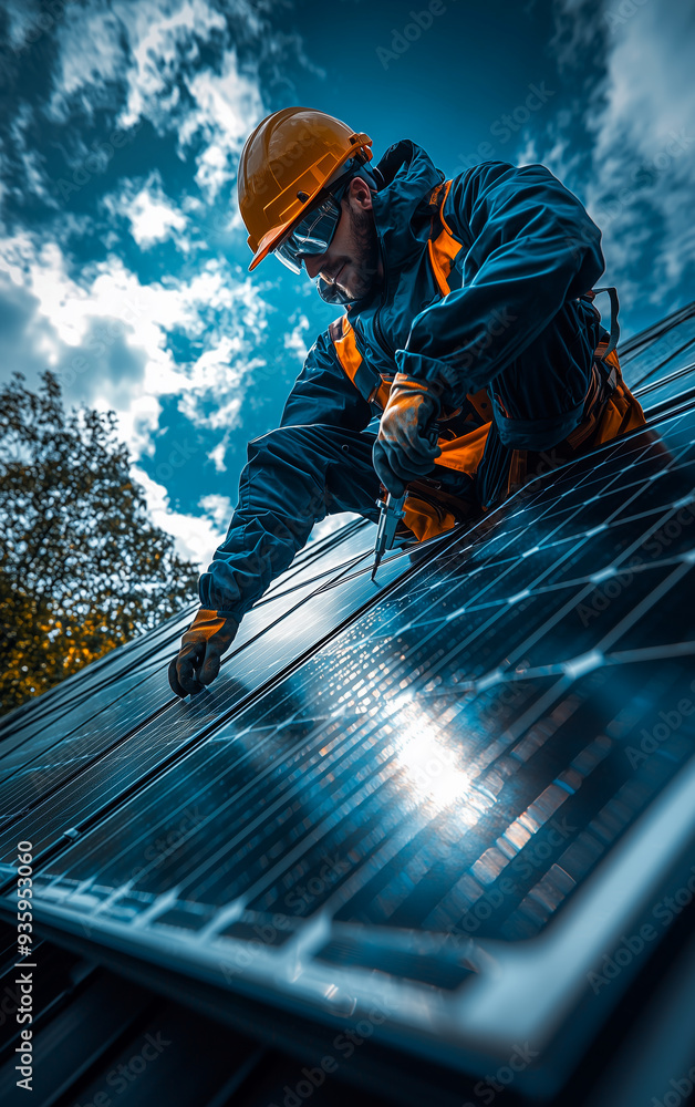 Worker installs solar panels on a rooftop under a bright sky. A technician carefully installs solar panels on a rooftop while surrounded by trees and a vibrant blue sky during the day. Worker installs solar panels on a rooftop under a bright sky. A technician carefully installs solar panels on a rooftop while surrounded by trees and a vibrant blue sky during the day.