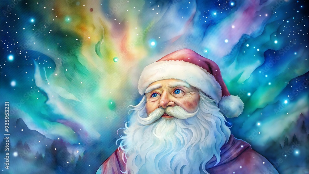 Santa Claus with Northern Lights in a Starry Sky in Watercolor Style Santa Claus with Northern Lights in a Starry Sky in Watercolor Style
