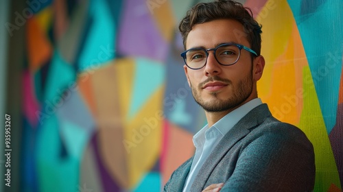 Confident young professional posing with folded arms in front of colorful wall