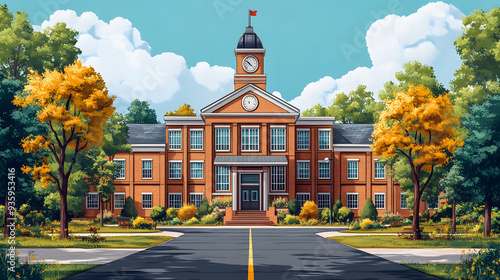 Back to school scene with school building and campus elements in animated vector style for Teacher Day. photo