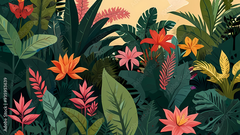 flat vector background featuring a lush botanical garden, filled with various tropical plants, large green leaves, and blooming flowers flat vector background featuring a lush botanical garden, filled with various tropical plants, large green leaves, and blooming flowers