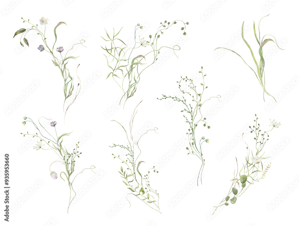 Watercolor Midsummer bouquets collection with hand painted delicate greenery leaves. Romantic floral arrangements perfect for wedding greeting cards, invitation.