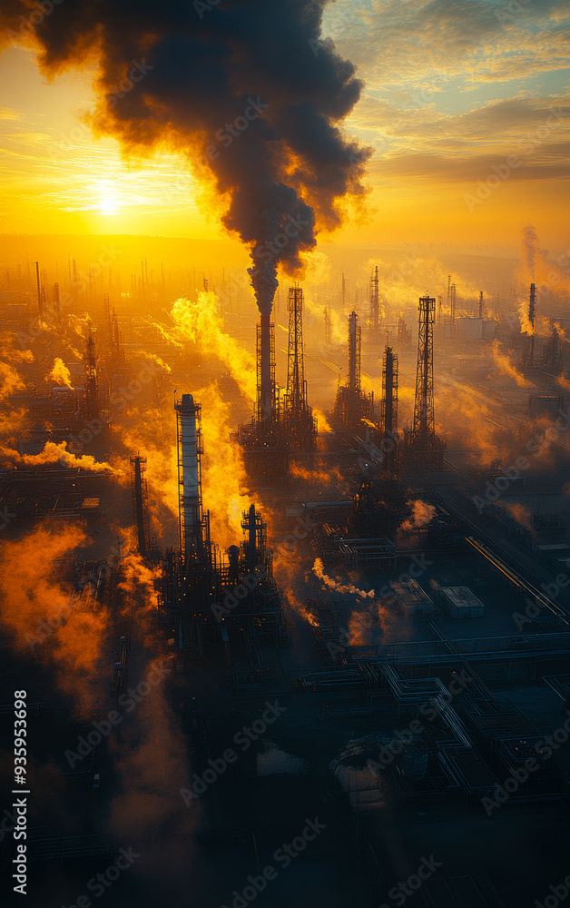 Sunset over an industrial skyline with smoke and pollution. The sunset ...