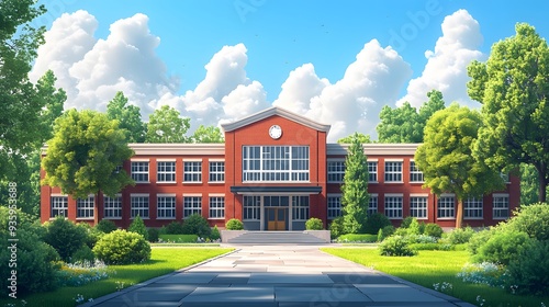 Vector style animation of school building and campus elements with a focus on Teacher Day and back to school. photo