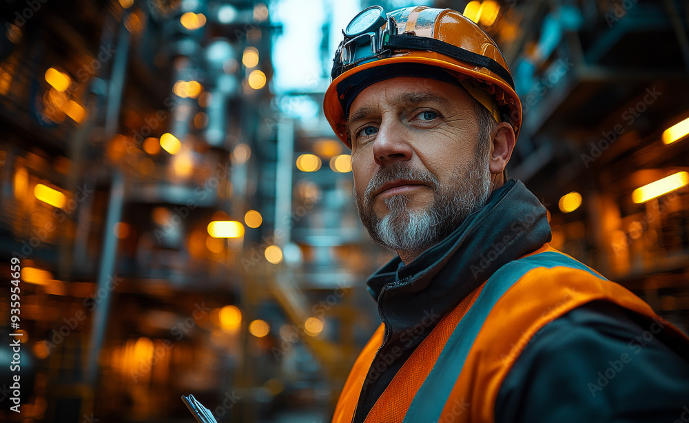 Factory worker in safety gear oversees operations at dusk. A factory worker in an orange safety vest and helmet monitors the machinery as night falls Factory worker in safety gear oversees operations at dusk. A factory worker in an orange safety vest and helmet monitors the machinery as night falls