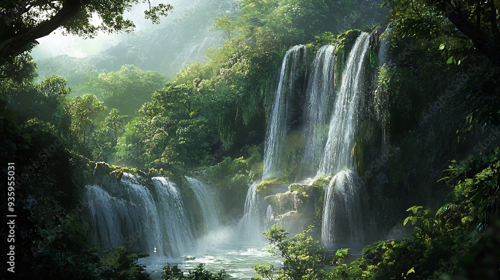 Fototapeta premium Serene Waterfall in a Lush Tropical Jungle