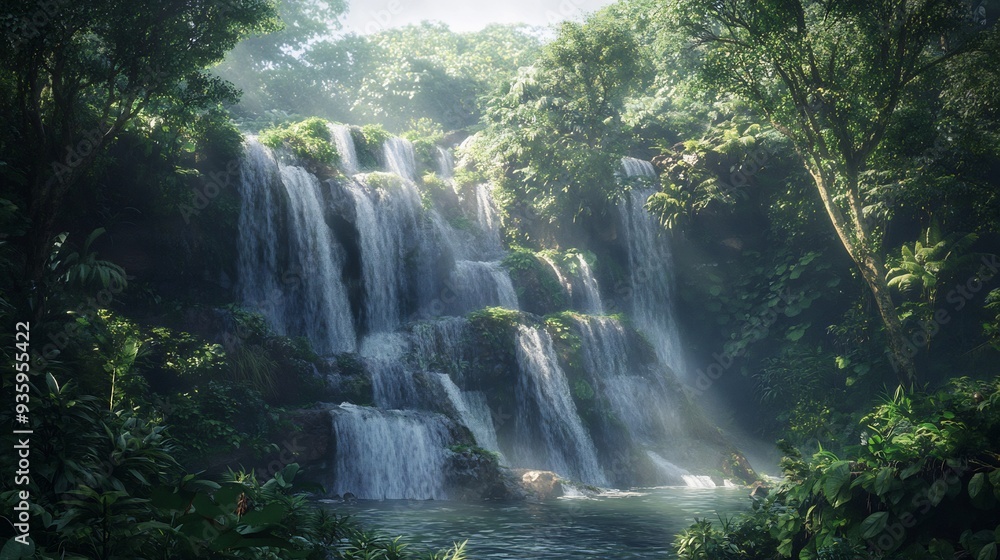 Fototapeta premium Sunlit Waterfall Cascading Through Lush Jungle
