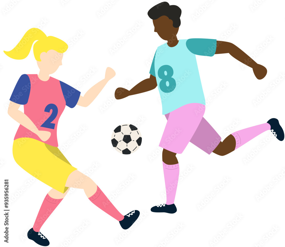 Soccer players kicking ball characters boy and girl, flat cartoon vector illustration isolated on white background. Soccer or football game players collection. Soccer players kicking ball characters boy and girl, flat cartoon vector illustration isolated on white background. Soccer or football game players collection.