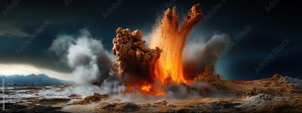 Fototapeta premium Mineral geyser spectacle in rugged terrain, high resolution --ar 8:3 --style raw --personalize pyz3xwv --stylize 250 --v 6.1 Job ID: 815c8915-30a4-44d4-be45-94b99ea4fc30
