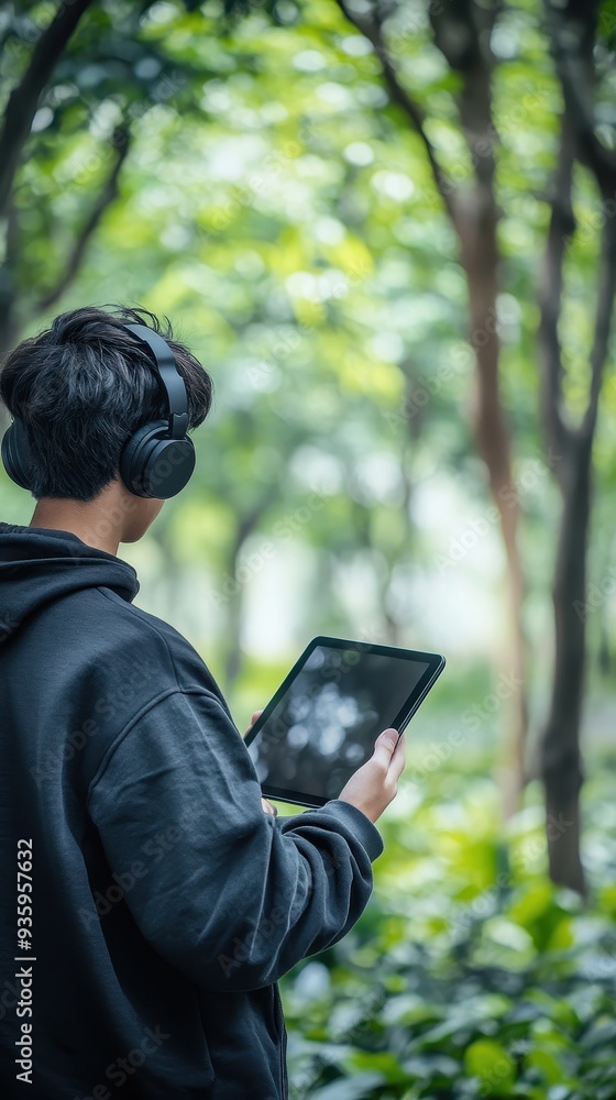 In a tranquil park setting, someone is focused on a tablet while listening to music through headphones surrounded by greenery In a tranquil park setting, someone is focused on a tablet while listening to music through headphones surrounded by greenery