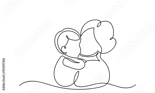 Continuous line Mother's Day abstract minimalistic modern line art. Single-line Mother caring baby, Mom hugging child, isolated on a white background. Motherhood and newborn concept. 
