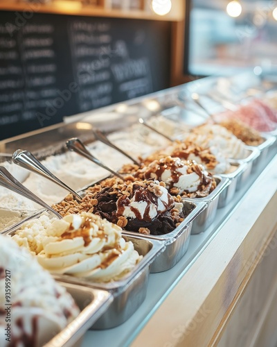 Artisan Ice Cream Shop Display with Exotic Flavors and Unique Toppings, Copy Space photo