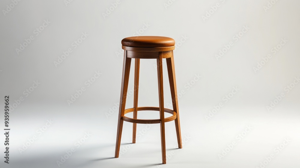 Wooden Bar Stool with Brown Leather Seat Wooden Bar Stool with Brown Leather Seat